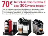 Nespresso Gutschein von 70 € für einen Neukunden + 30 € Prämie (bis 22.7.)