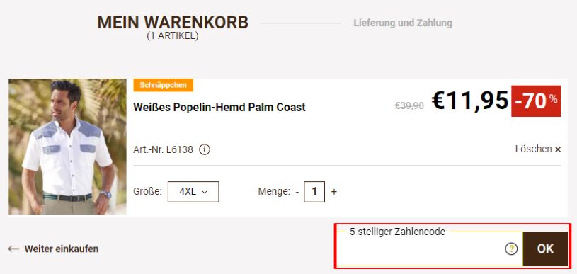 Der Warenkorb wenn man einen Atlas for Men Gutschein einlösen will