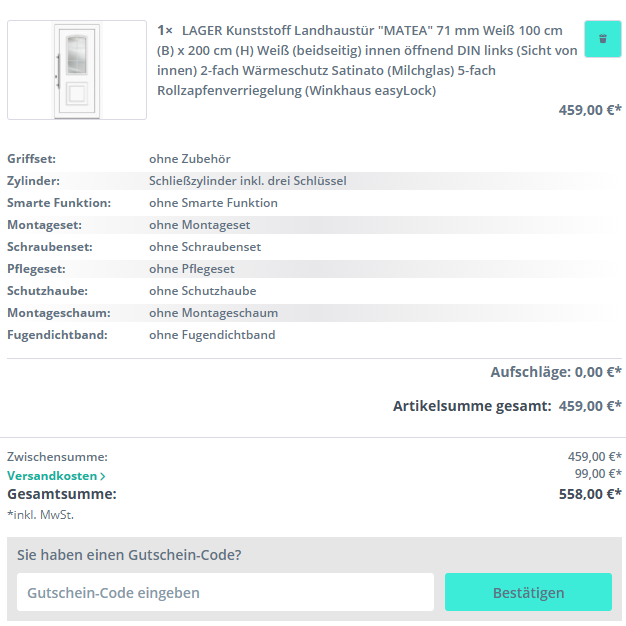 Kunststofftürenland Rabattcode im Warenkorb einlösen