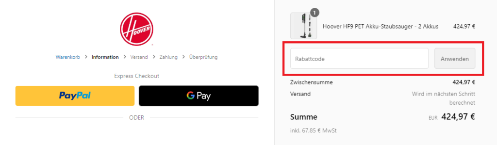 Hoover Gutschein einlösen