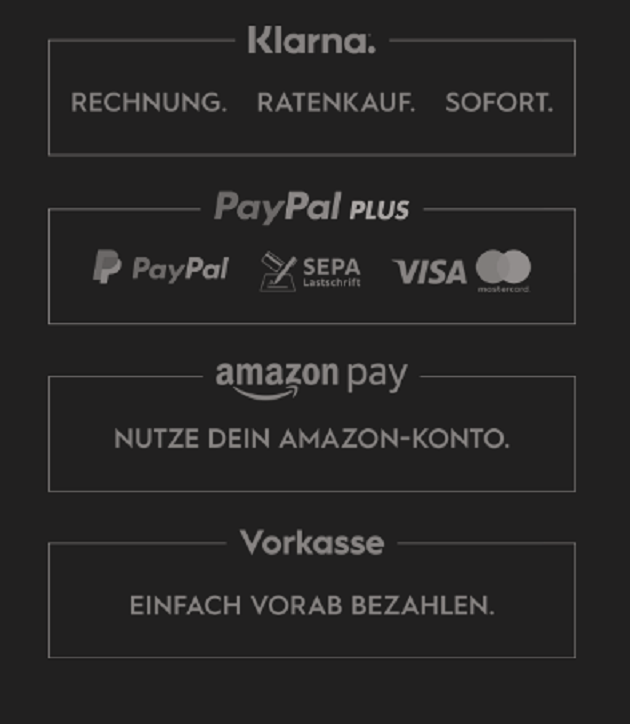 Klarna, PayPal, AmazonPay, Vorkasse