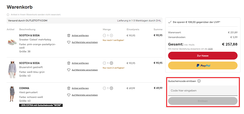Outletcity Rabattcode anwenden