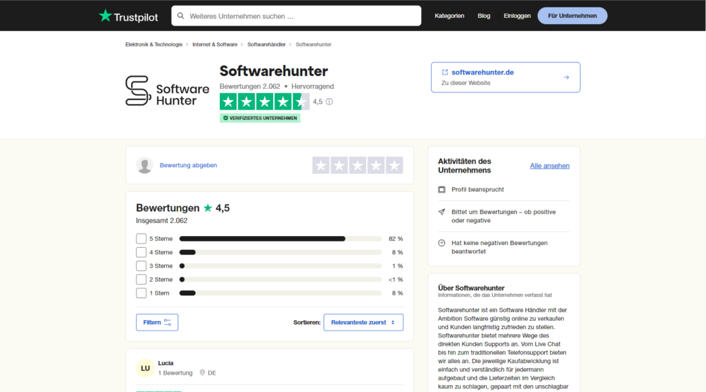 Softwarehunter Trustpilot Bewertung
