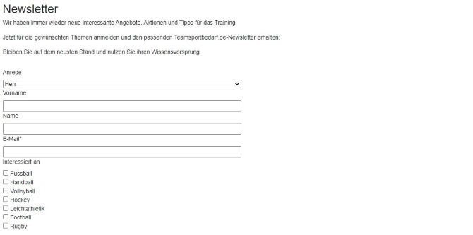 teamsportbedarf gutschein newsletter website anmelden